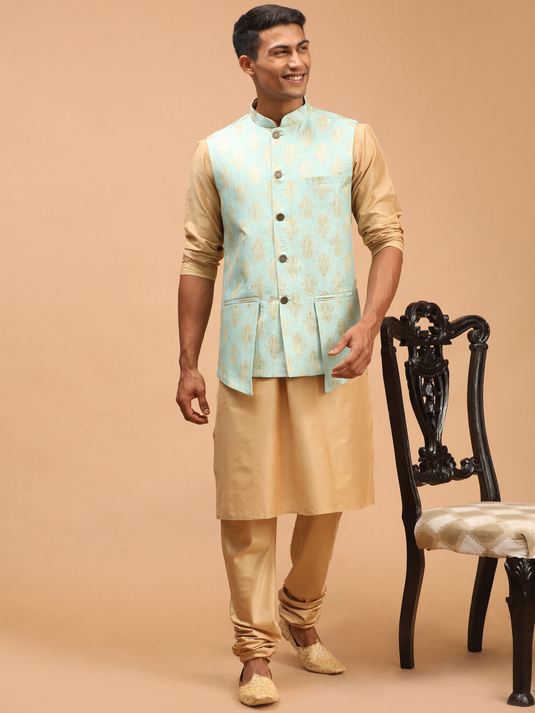 Men's Green Silk Blend Straight Nehru Jacket