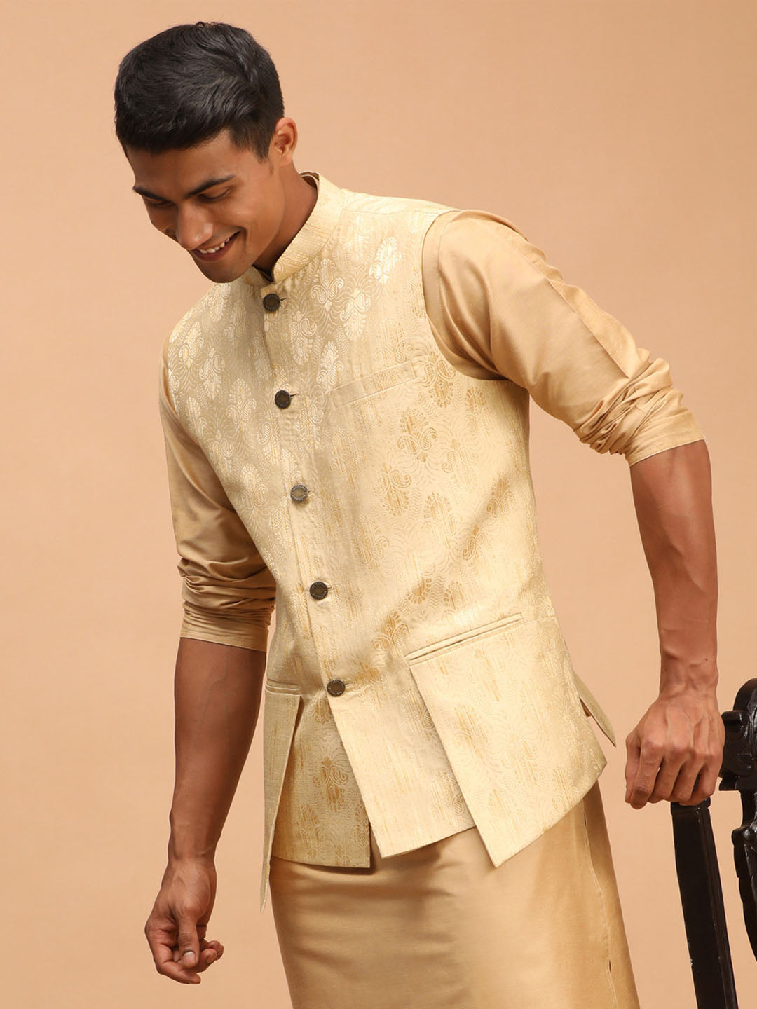 Men's Gold Silk Blend Straight Nehru Jacket