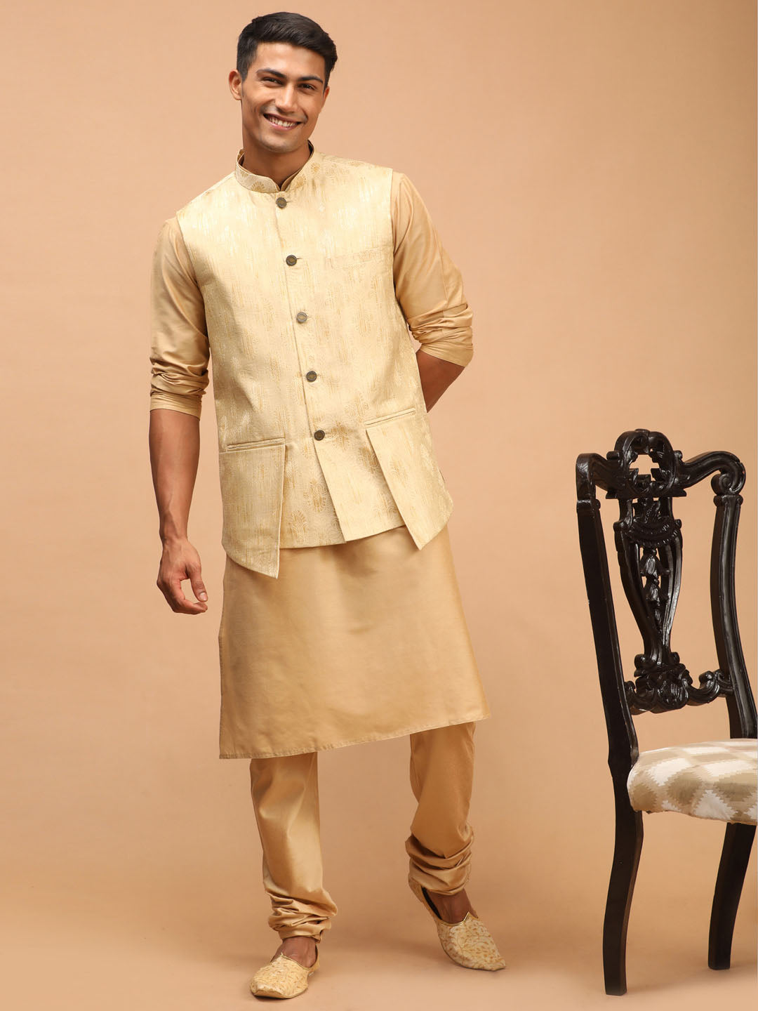 Men's Gold Silk Blend Straight Nehru Jacket