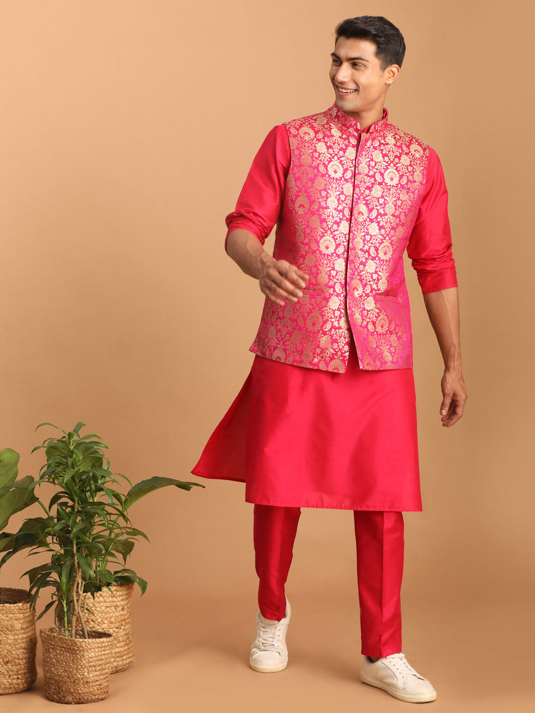 Men's Pink Viscose Straight Jacket Kurta and Pyjama Set
