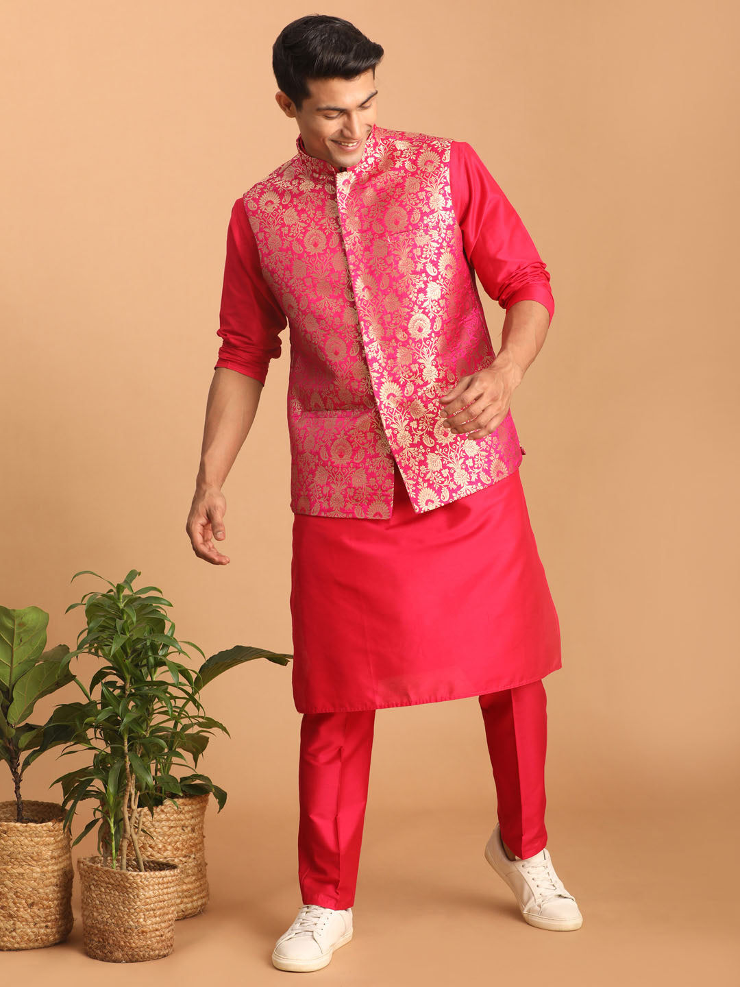 Men's Pink Viscose Straight Jacket Kurta and Pyjama Set