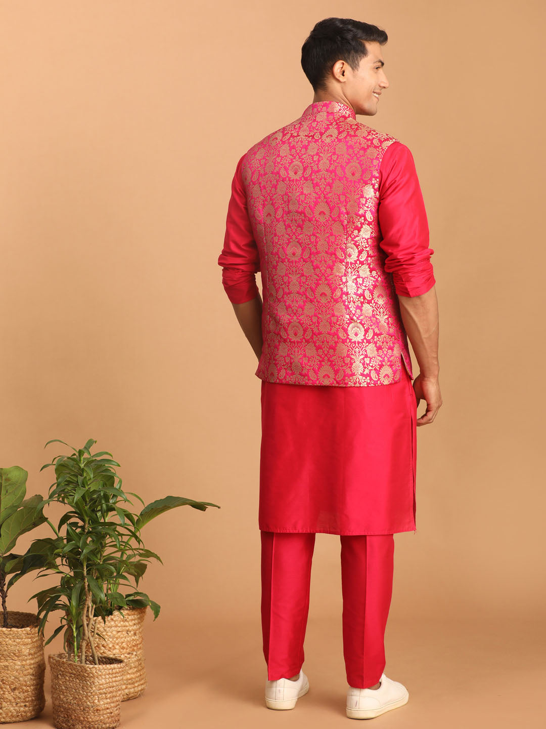 Men's Pink Viscose Straight Jacket Kurta and Pyjama Set