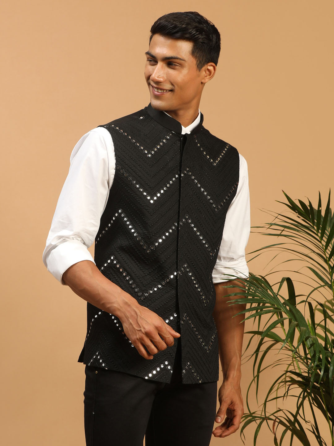 Men's Black Viscose Straight Nehru Jacket