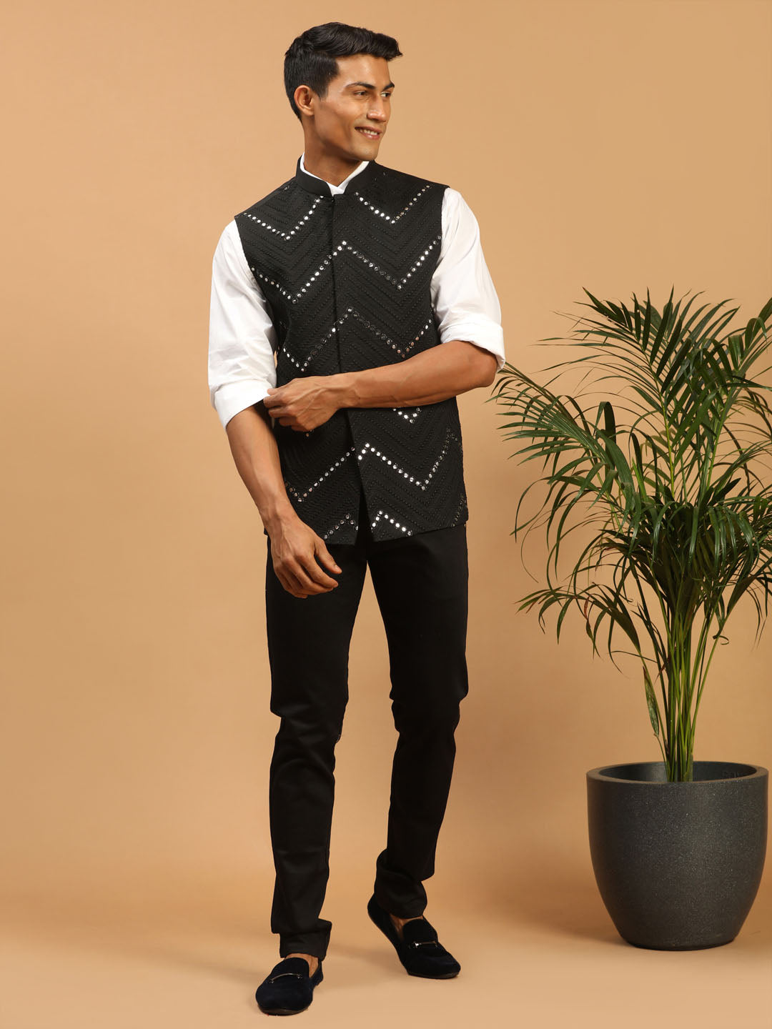 Men's Black Viscose Straight Nehru Jacket