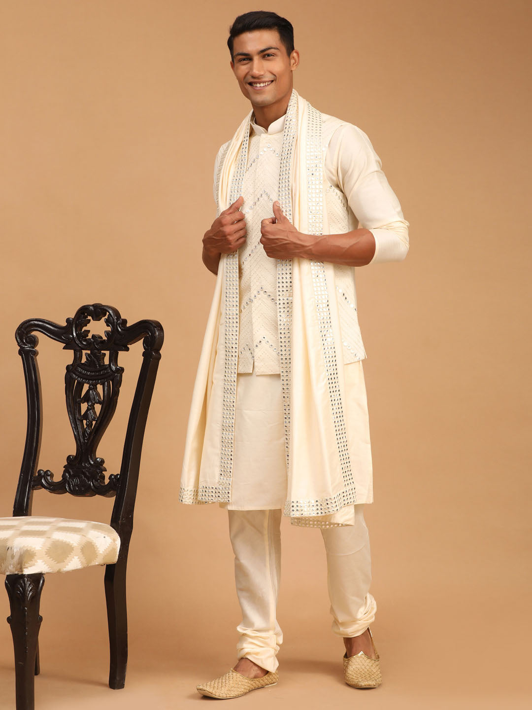 Men's Cream Viscose Straight Jacket Kurta and Pyjama Set