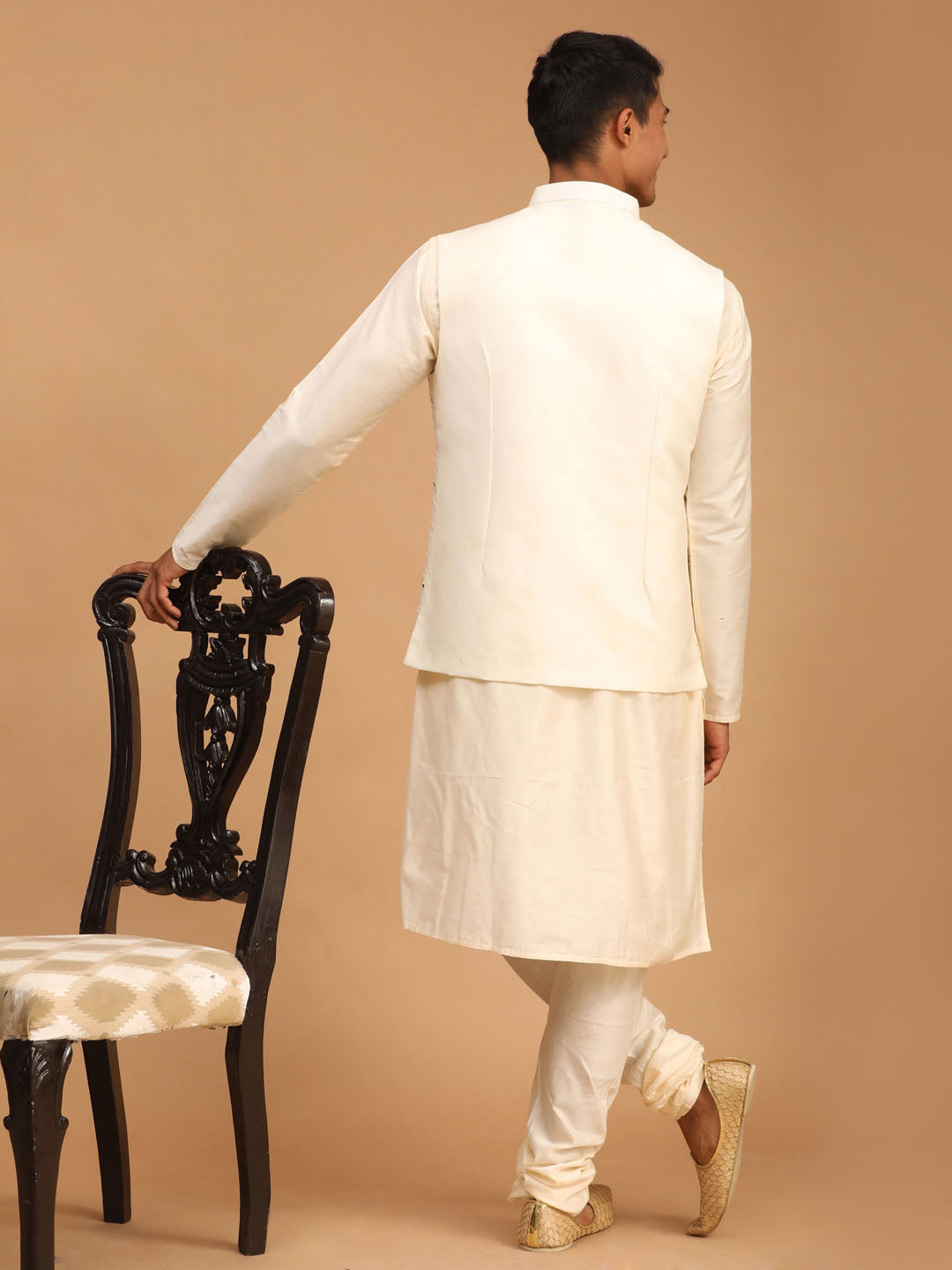 Men's Cream Viscose Straight Jacket Kurta and Pyjama Set