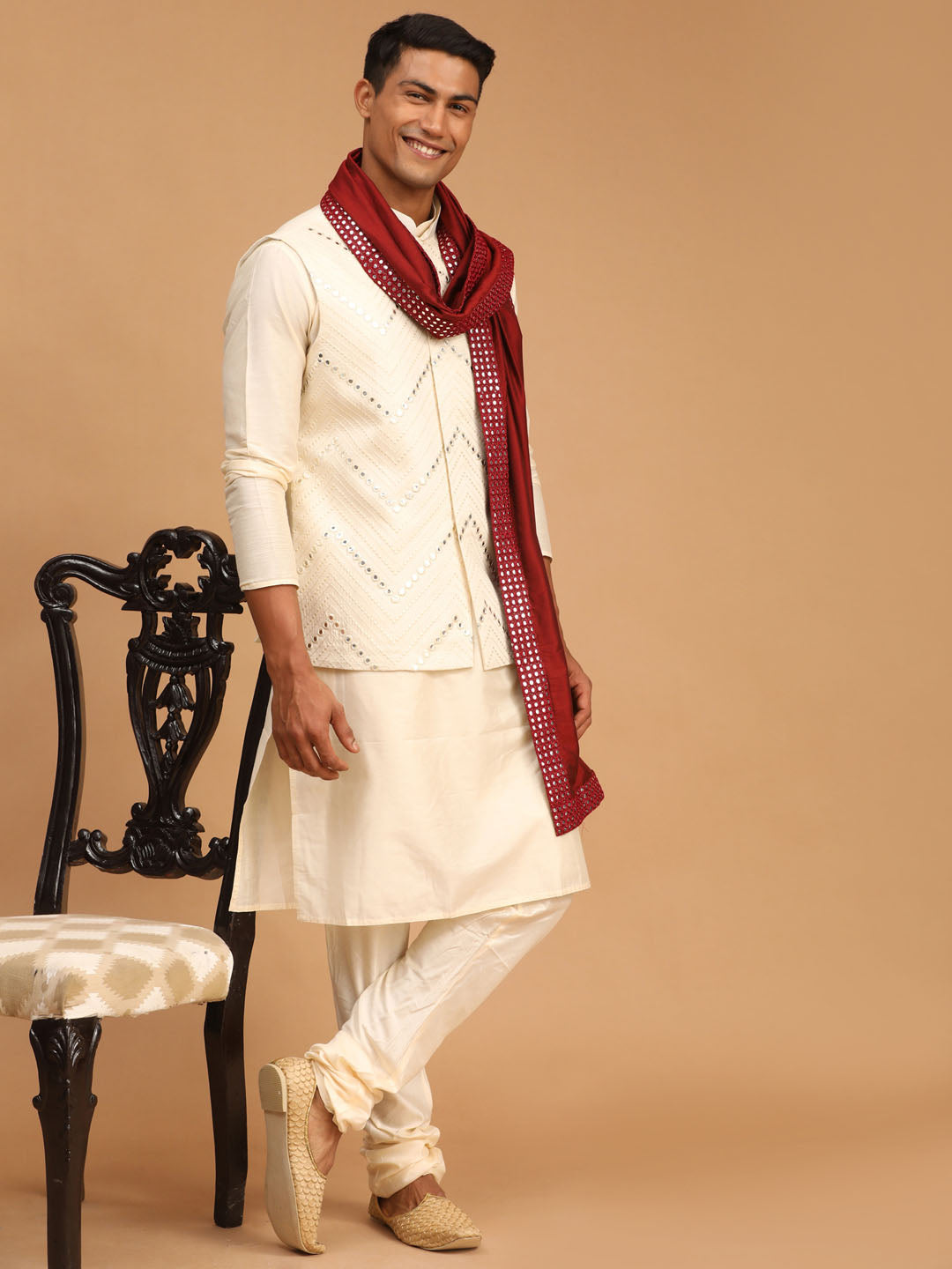 Men's Cream Viscose Straight Jacket Kurta and Pyjama Set