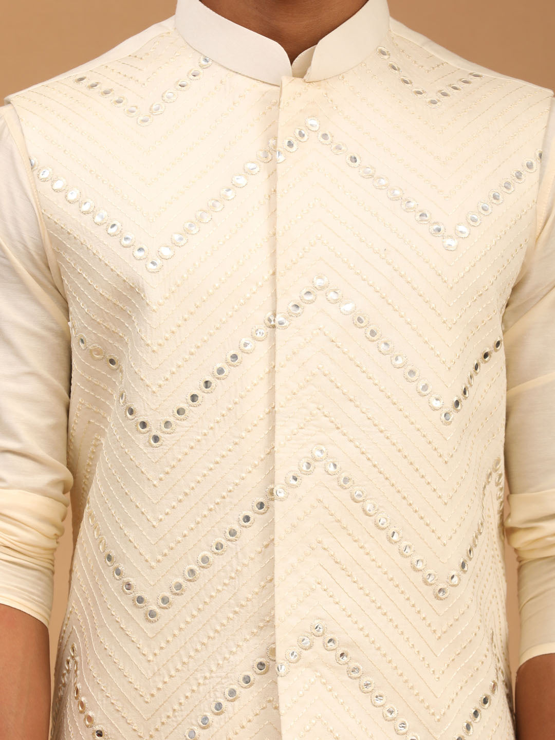 Men's Cream Viscose Straight Jacket Kurta and Pyjama Set