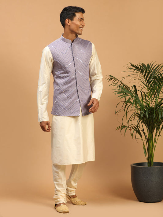 Men's Cream Viscose Straight Jacket  Kurta and Pyjama Set