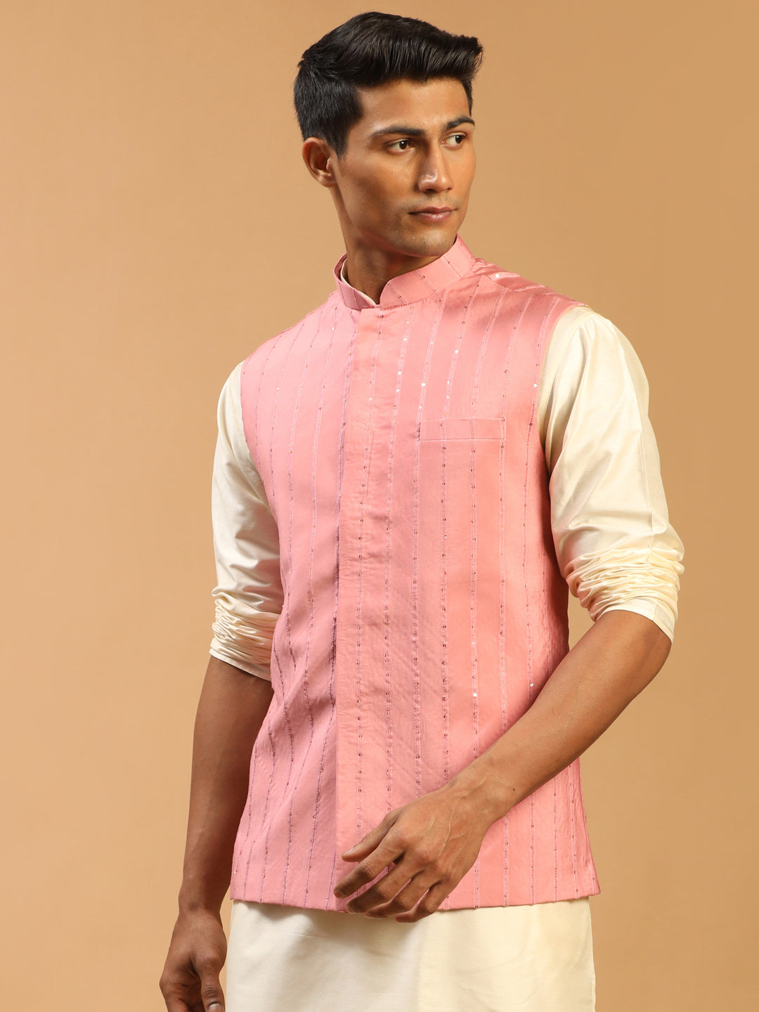 Men's Pink Cotton Blend Straight Nehru Jacket