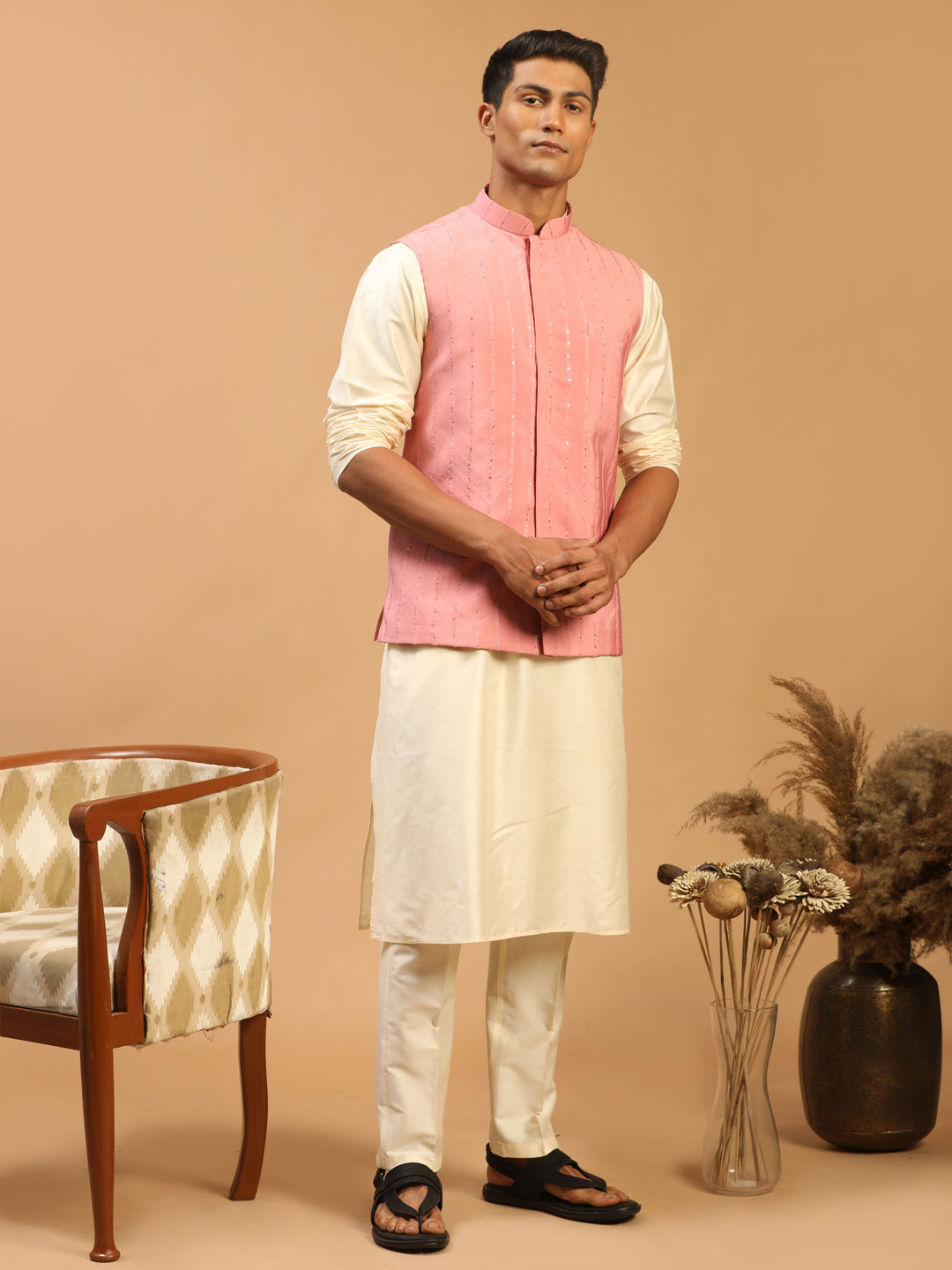 Men's Pink Cotton Blend Straight Nehru Jacket