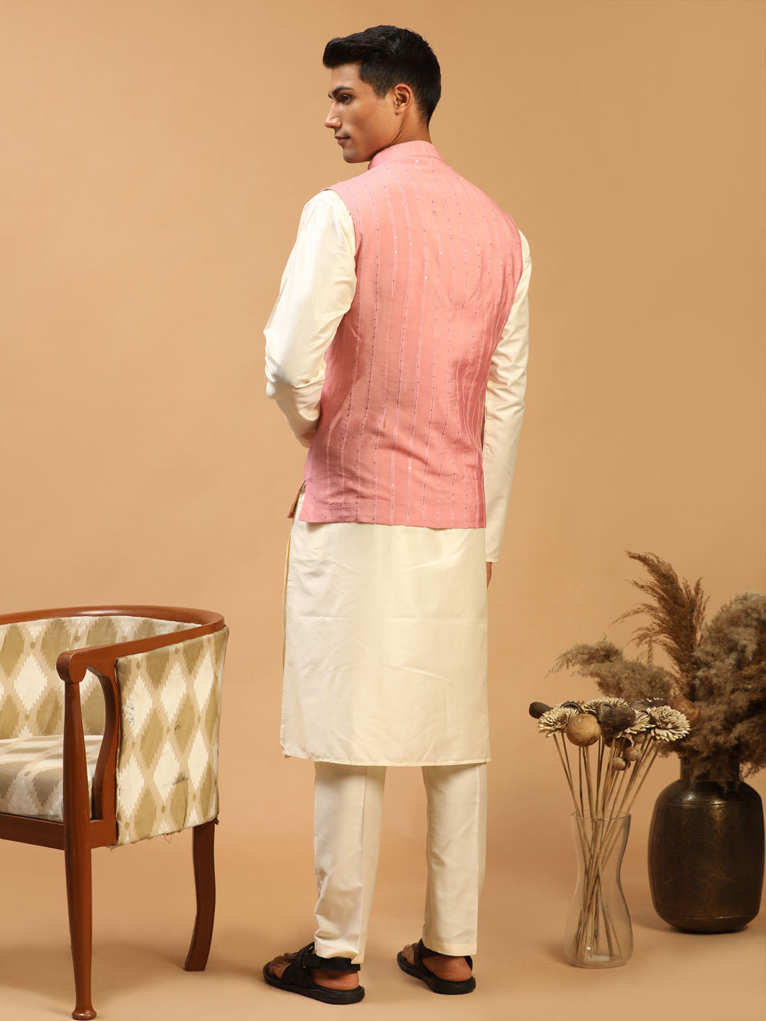 Men's Cream Viscose Straight Jacket Kurta and Pyjama Set
