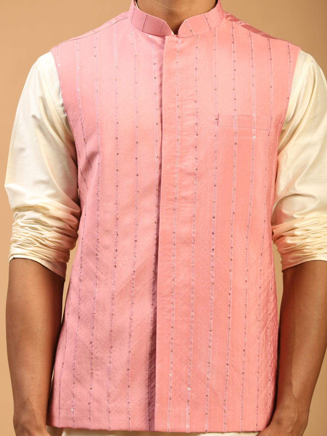 Men's Cream Viscose Straight Jacket Kurta and Pyjama Set