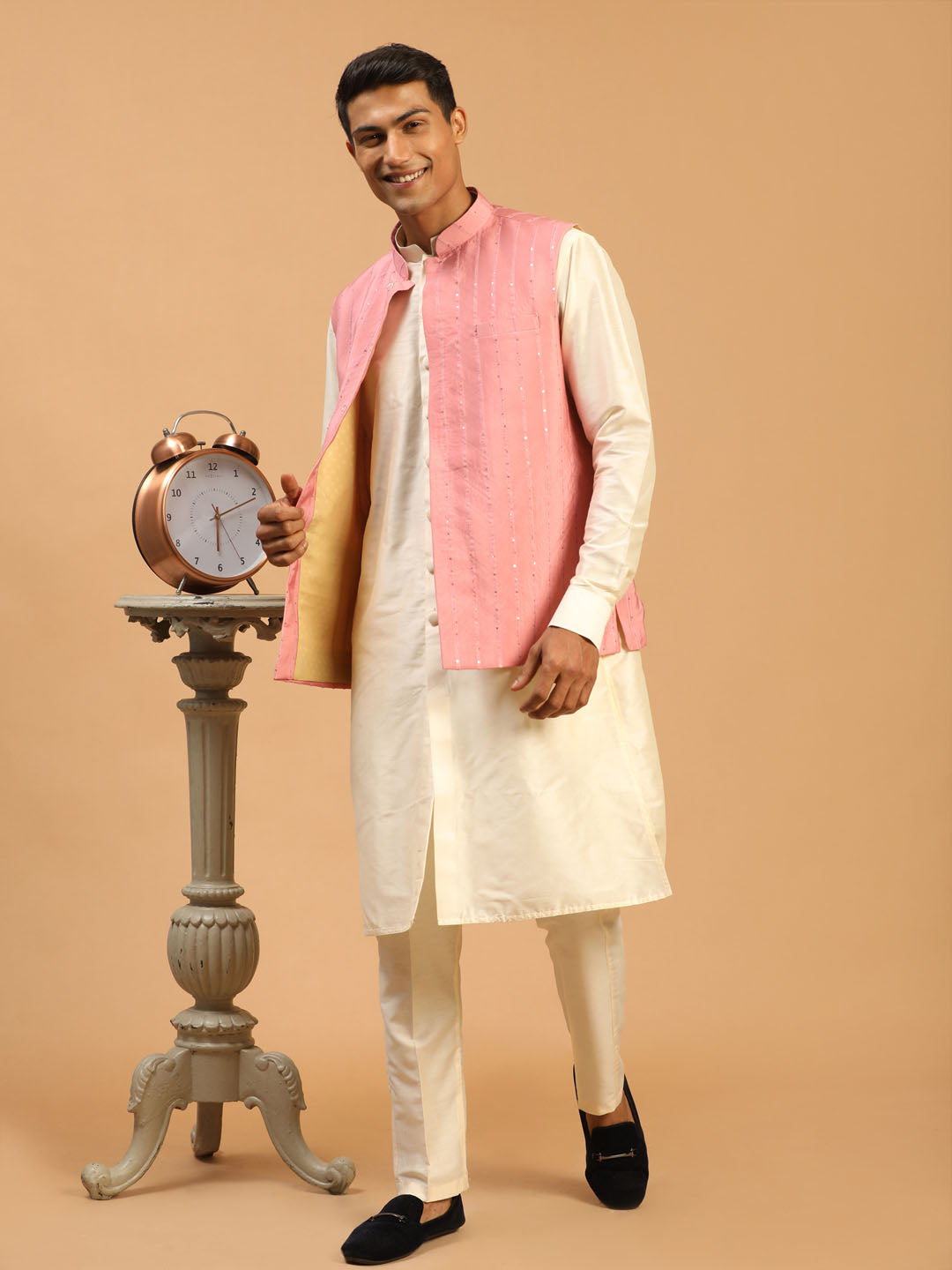 Men's Cream Cotton Blend Straight Jacket Kurta and Pyjama Set
