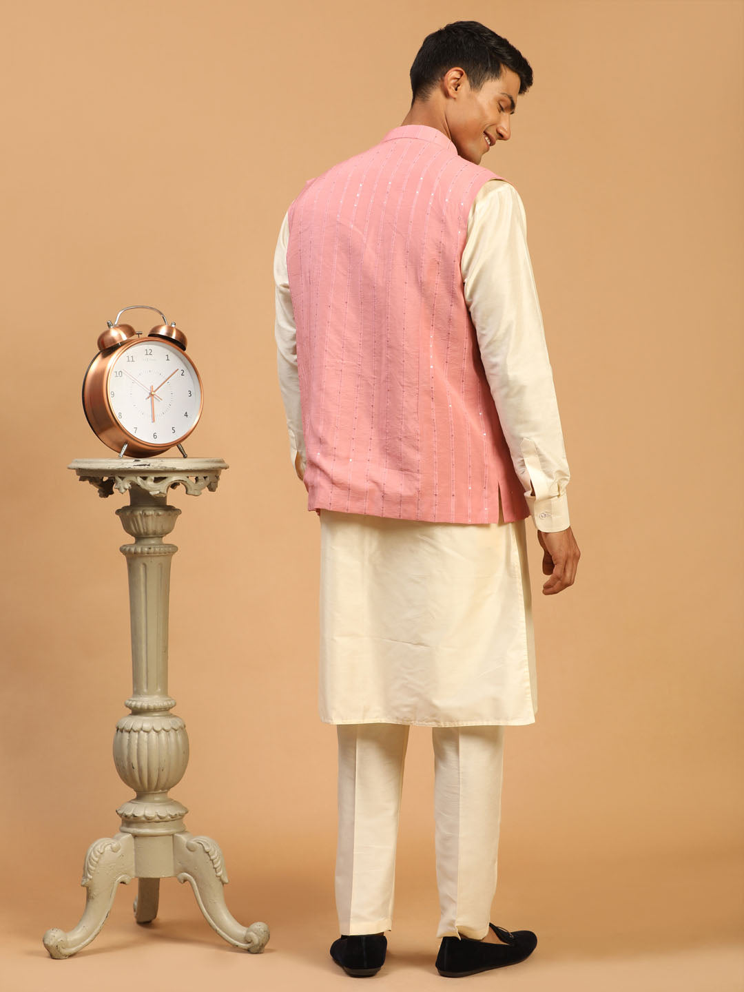 Men's Cream Cotton Blend Straight Jacket Kurta and Pyjama Set