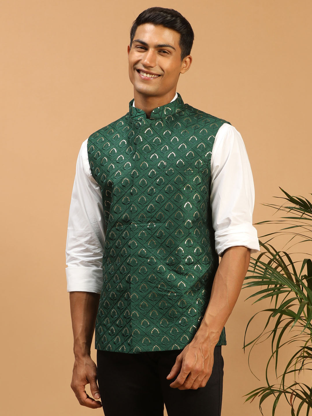 Men's Green Silk Blend Straight Nehru Jacket