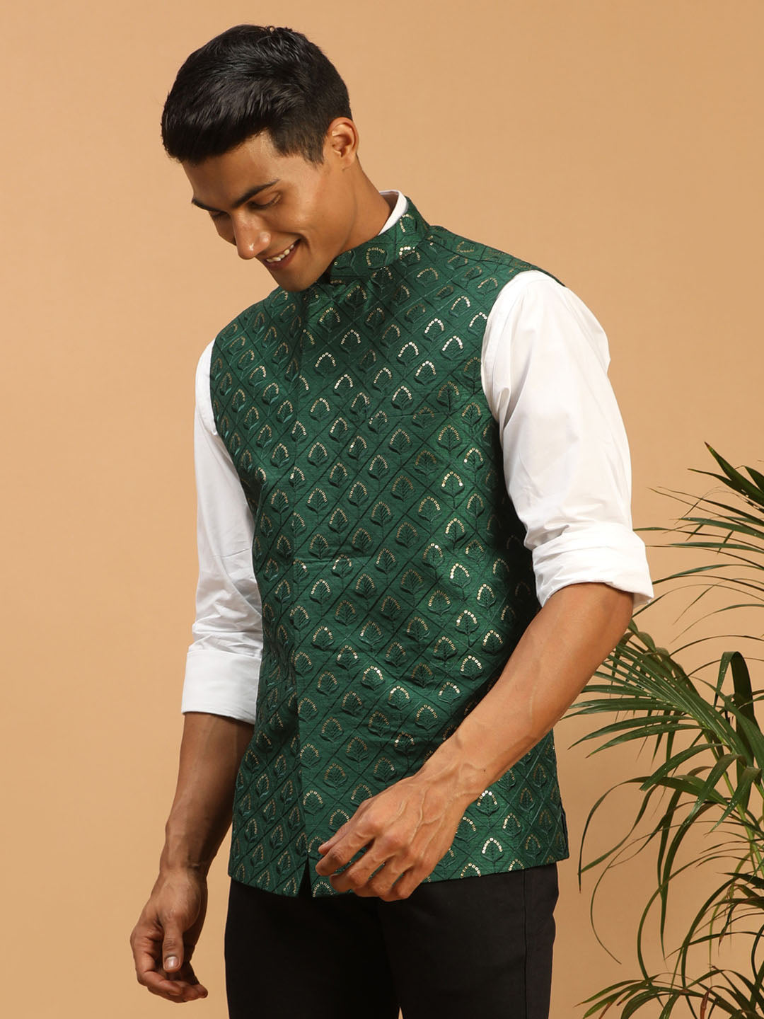 Men's Green Silk Blend Straight Nehru Jacket