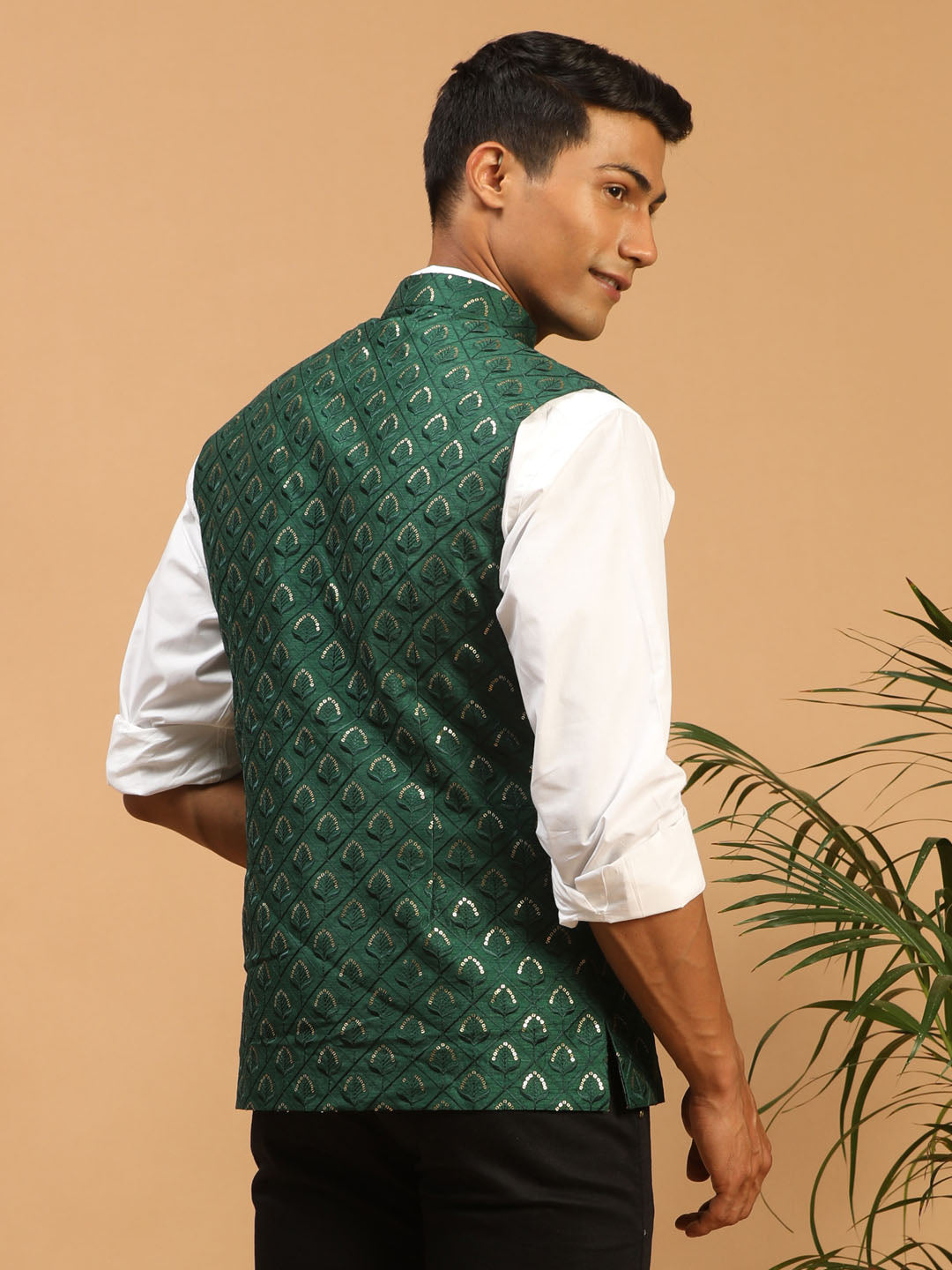 Men's Green Silk Blend Straight Nehru Jacket