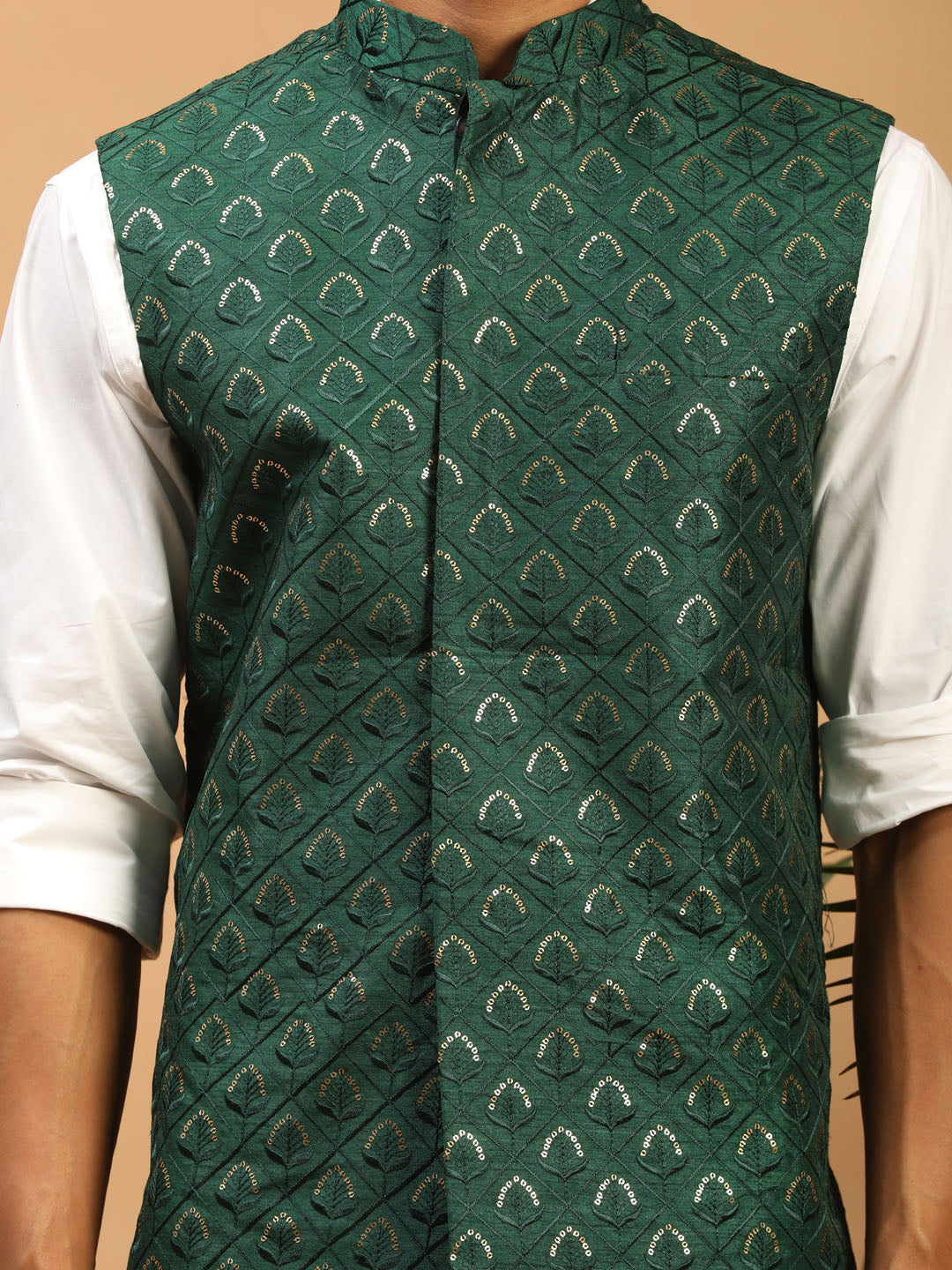 Men's Green Silk Blend Straight Nehru Jacket