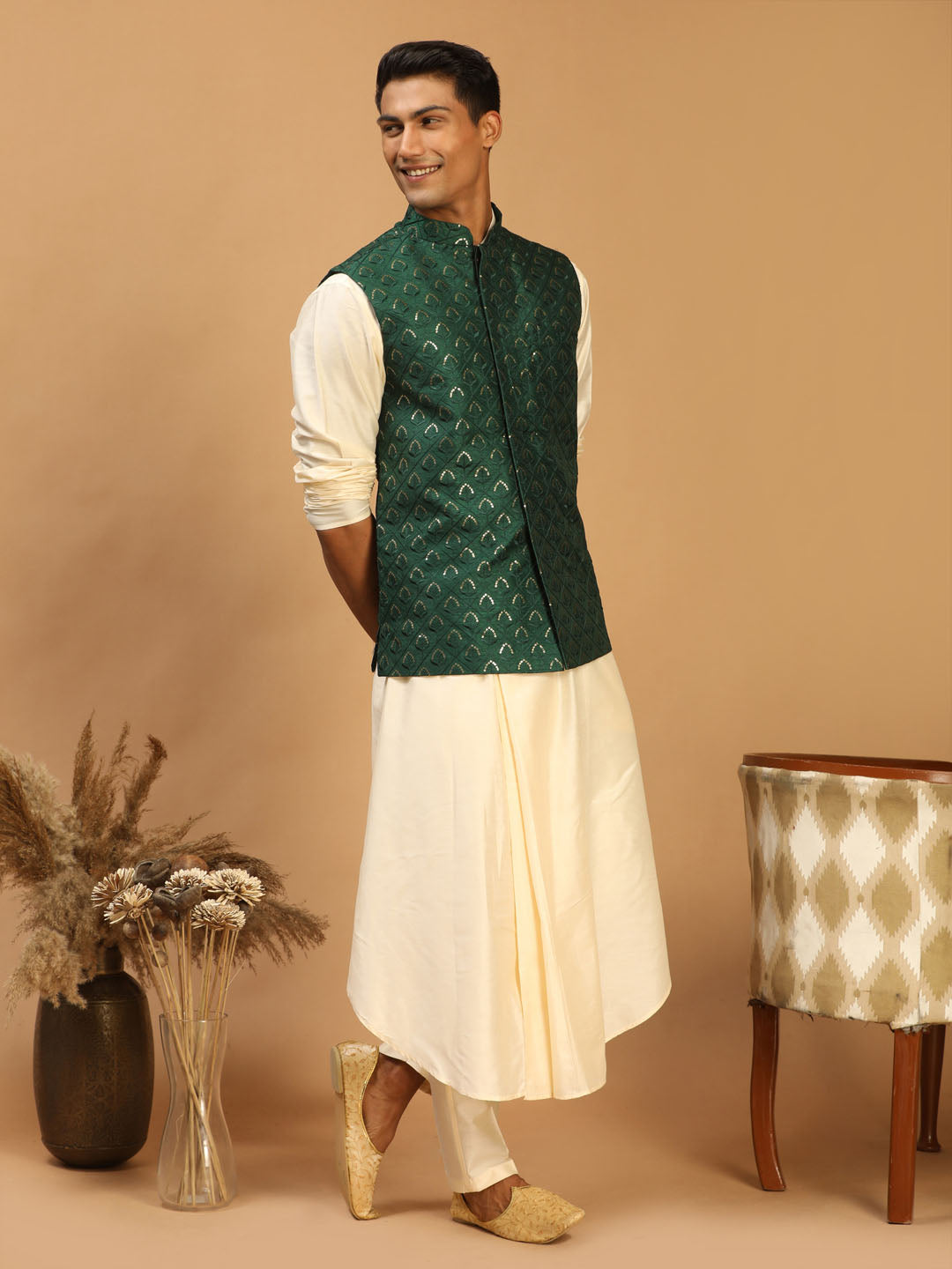 Men's Cream Cotton Blend Straight Jacket Kurta and Pyjama Set