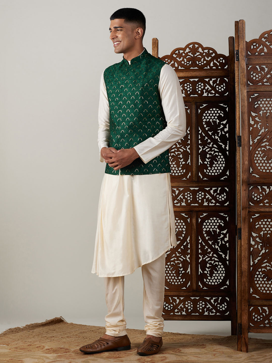 Men's Cream Cotton Blend Straight Jacket Kurta and Pyjama Set