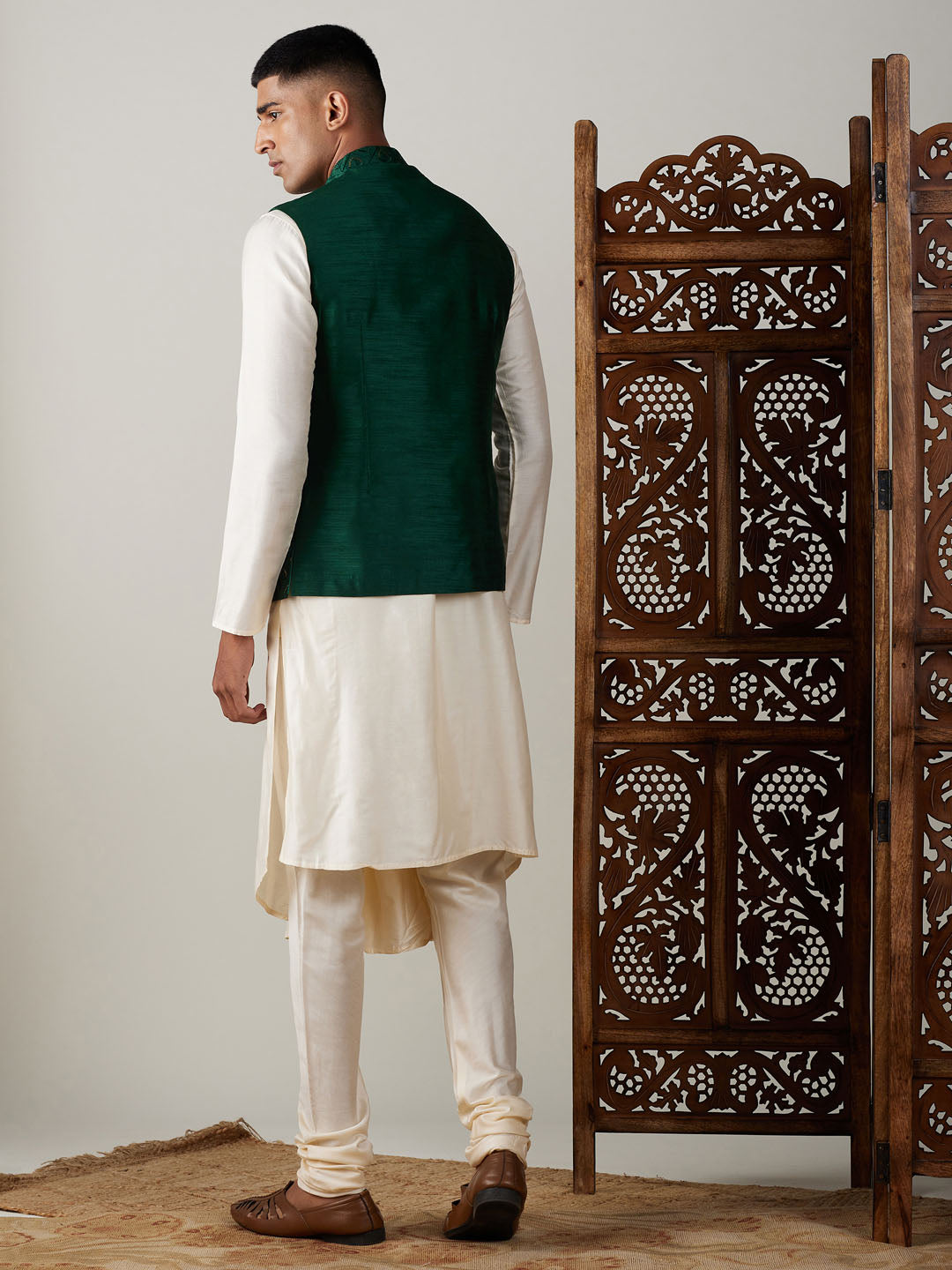 Men's Cream Cotton Blend Straight Jacket Kurta and Pyjama Set