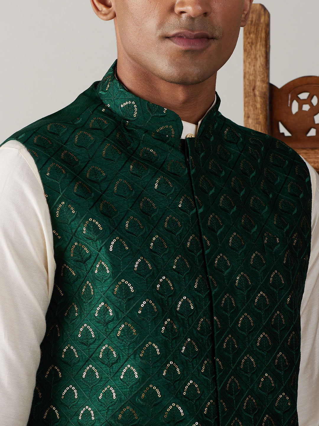 Men's Cream Cotton Blend Straight Jacket Kurta and Pyjama Set