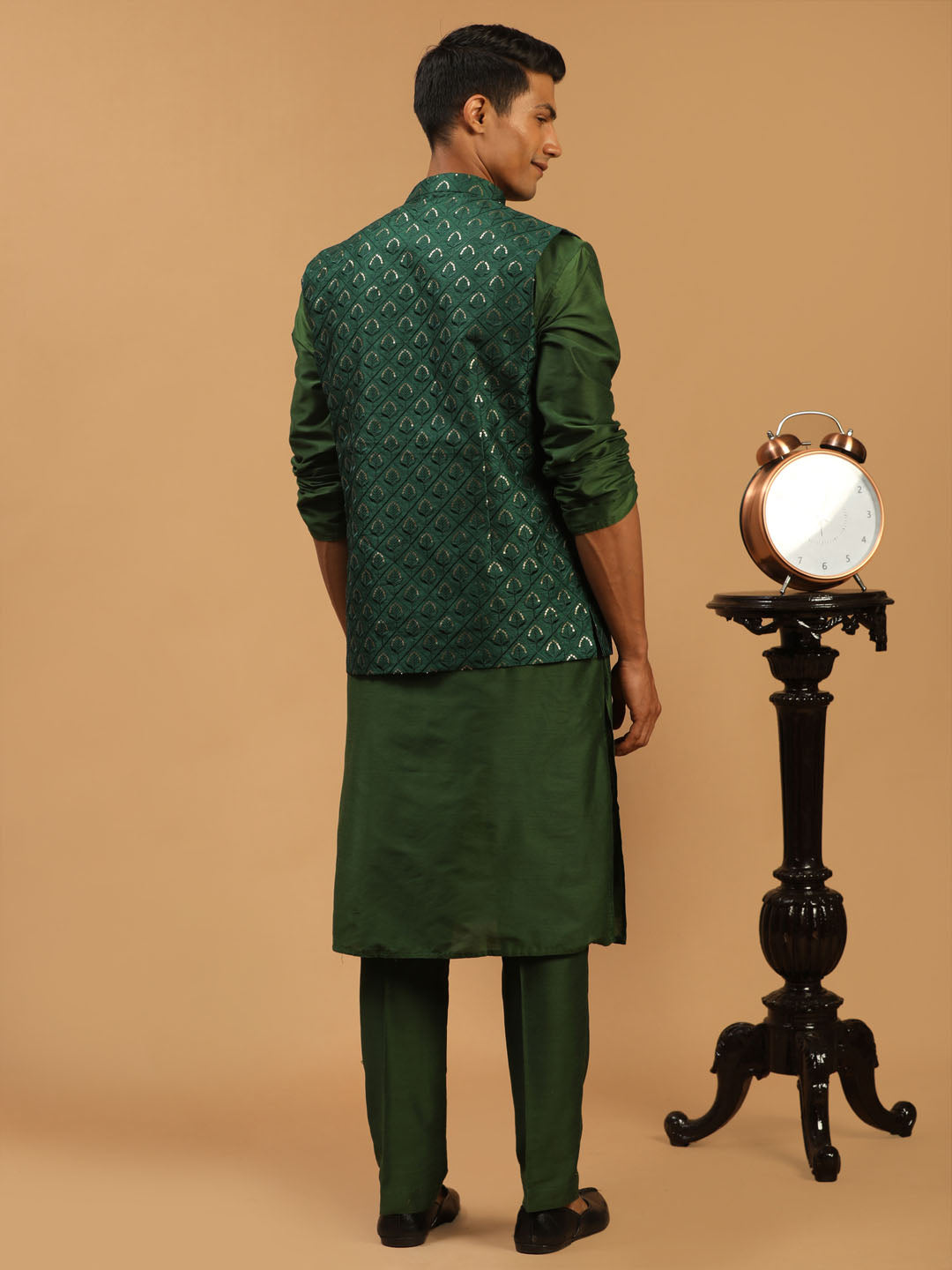 Men's Green Silk Blend Straight Jacket Kurta and Pyjama Set