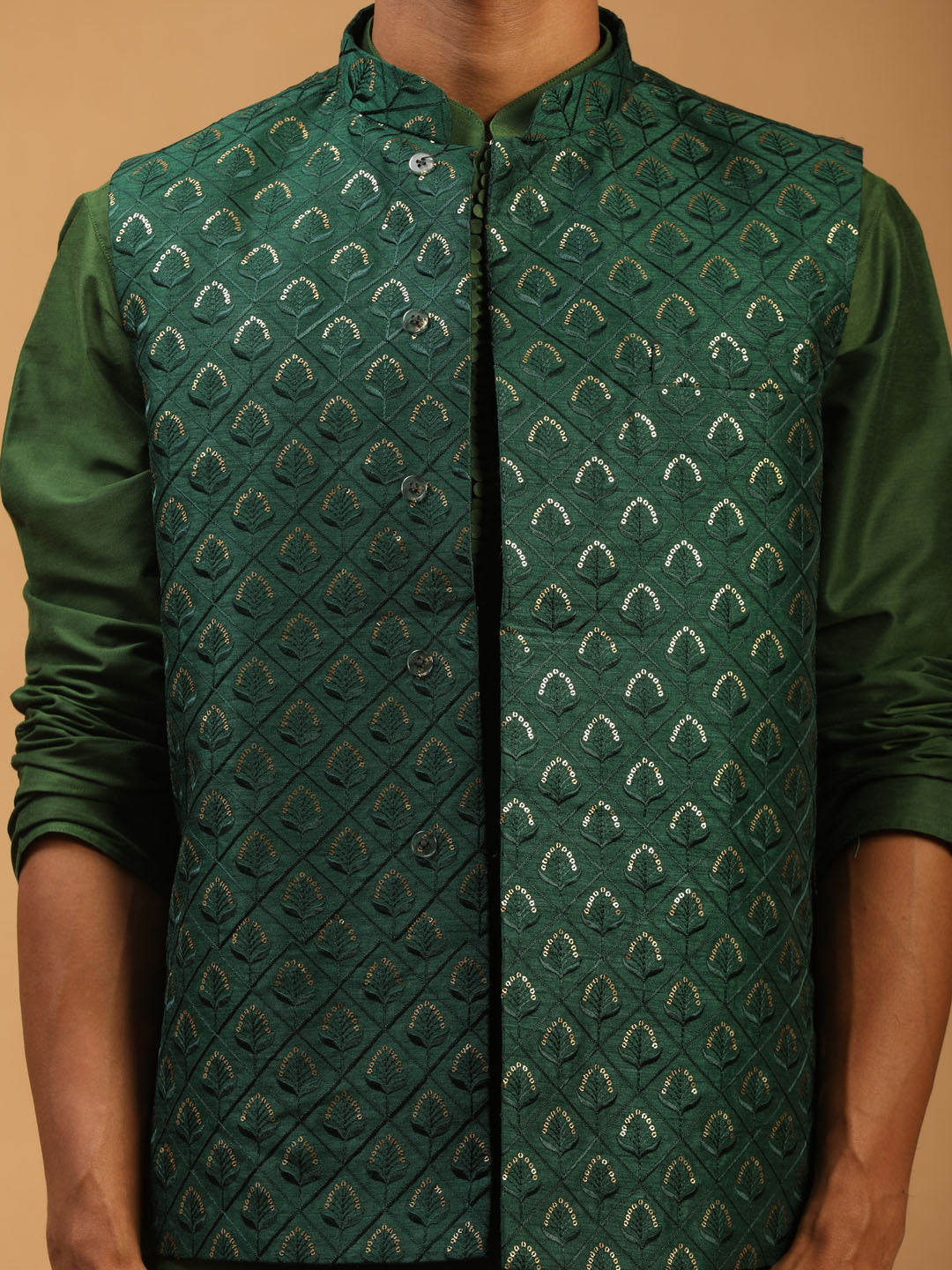 Men's Green Silk Blend Straight Jacket Kurta and Pyjama Set