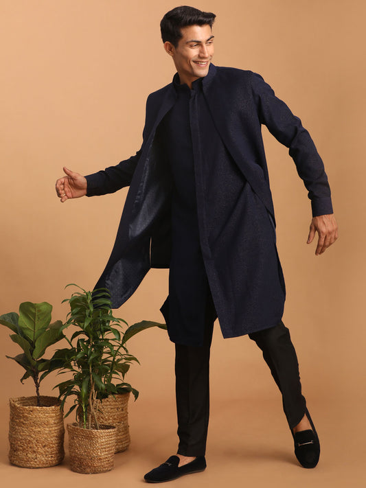 Men's Navy Blue Cotton Blend Straight Jacket  Kurta and Pyjama Set