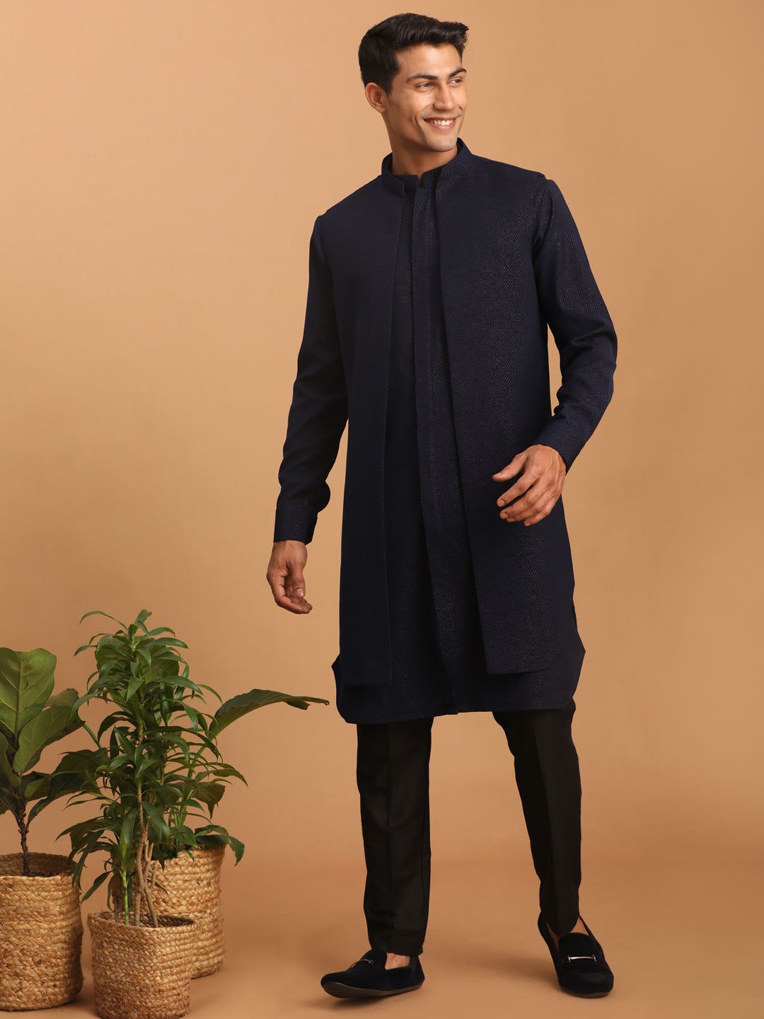 Men's Navy Blue Cotton Blend Straight Jacket Kurta and Pyjama Set