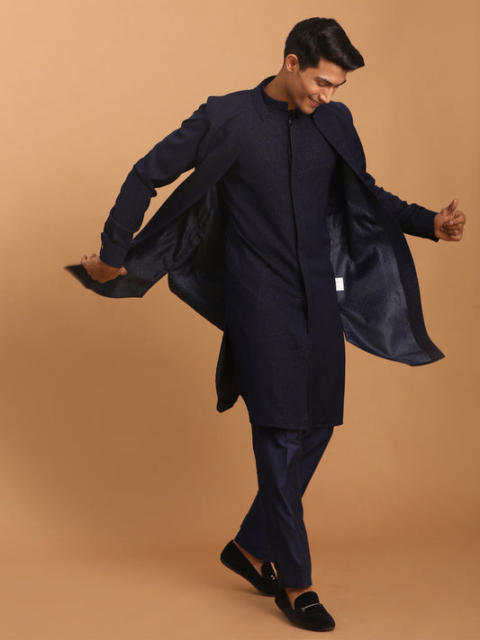 Men's Navy Blue Cotton Blend Straight Jacket  Kurta and Pyjama Set