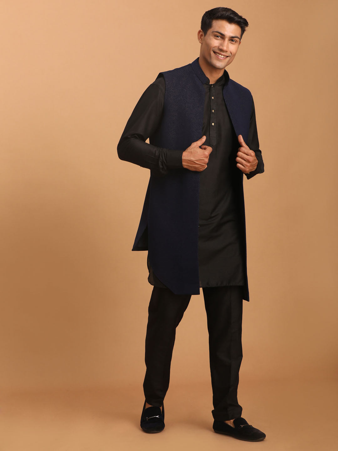 Men's Black Viscose Straight Jacket Kurta and Pyjama Set