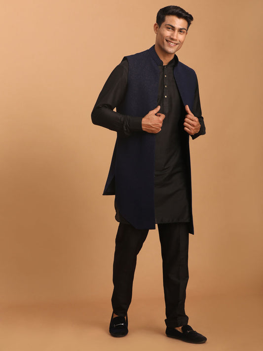 Men's Black Viscose Straight Jacket  Kurta and Pyjama Set