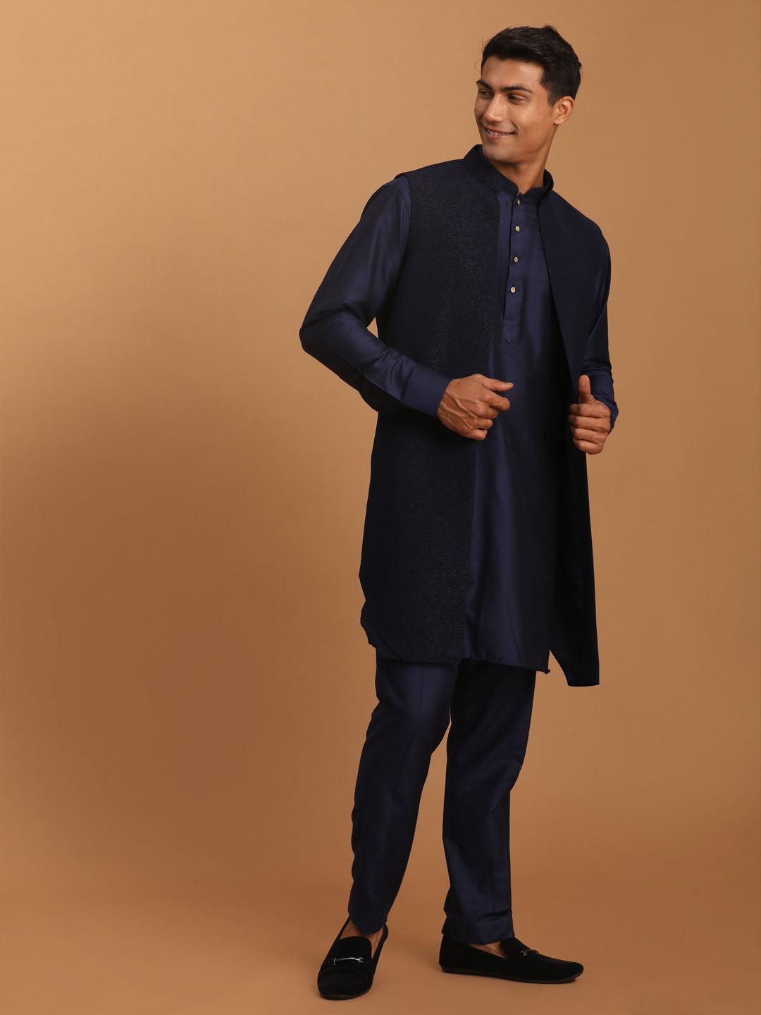 Men's Navy Blue Viscose Straight Jacket Kurta and Pyjama Set