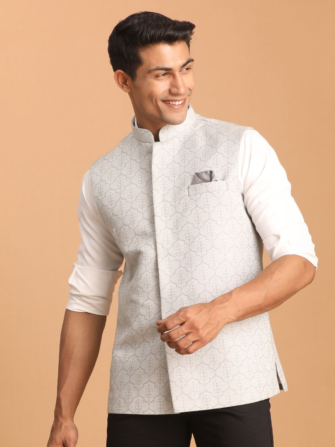Men's Grey Silk Blend Straight Nehru Jacket