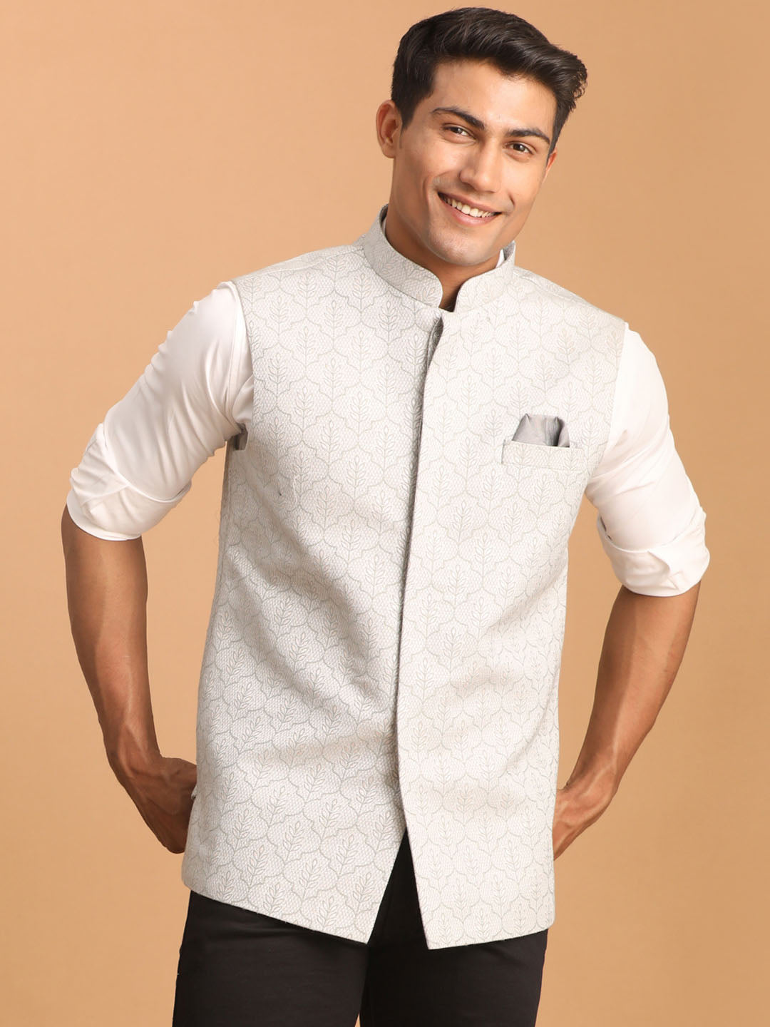 Men's Grey Silk Blend Straight Nehru Jacket