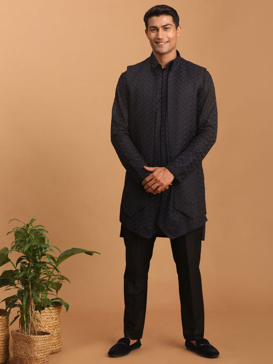 Men's Navy Blue Silk Blend Regular Jacket  Kurta and Pyjama Set