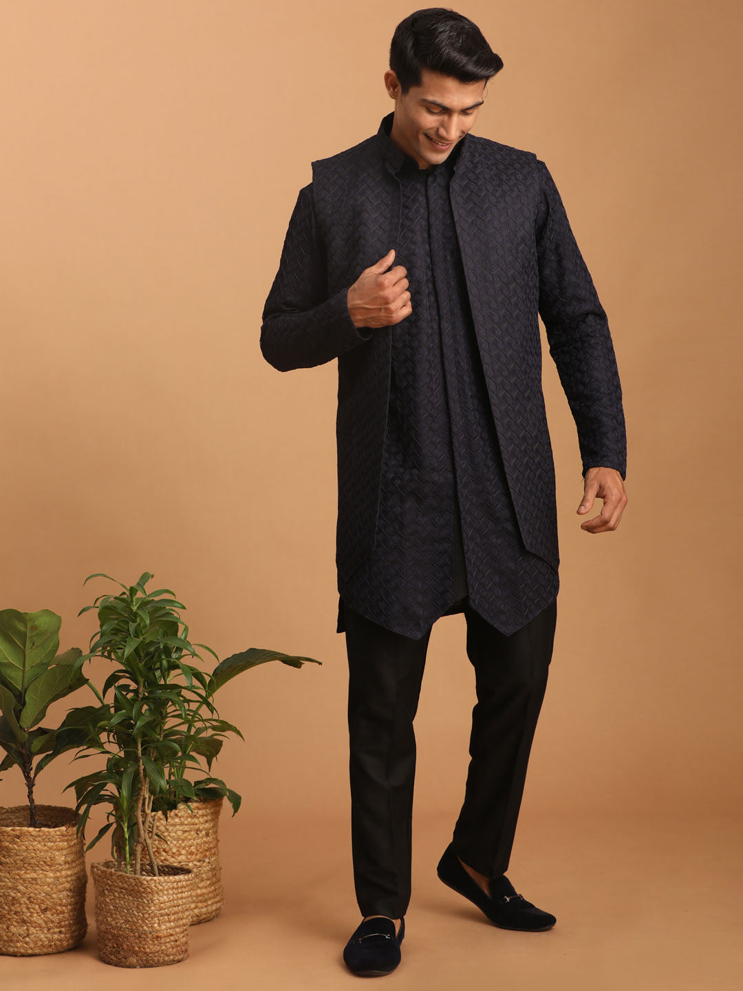 Men's Navy Blue Silk Blend Regular Jacket Kurta and Pyjama Set