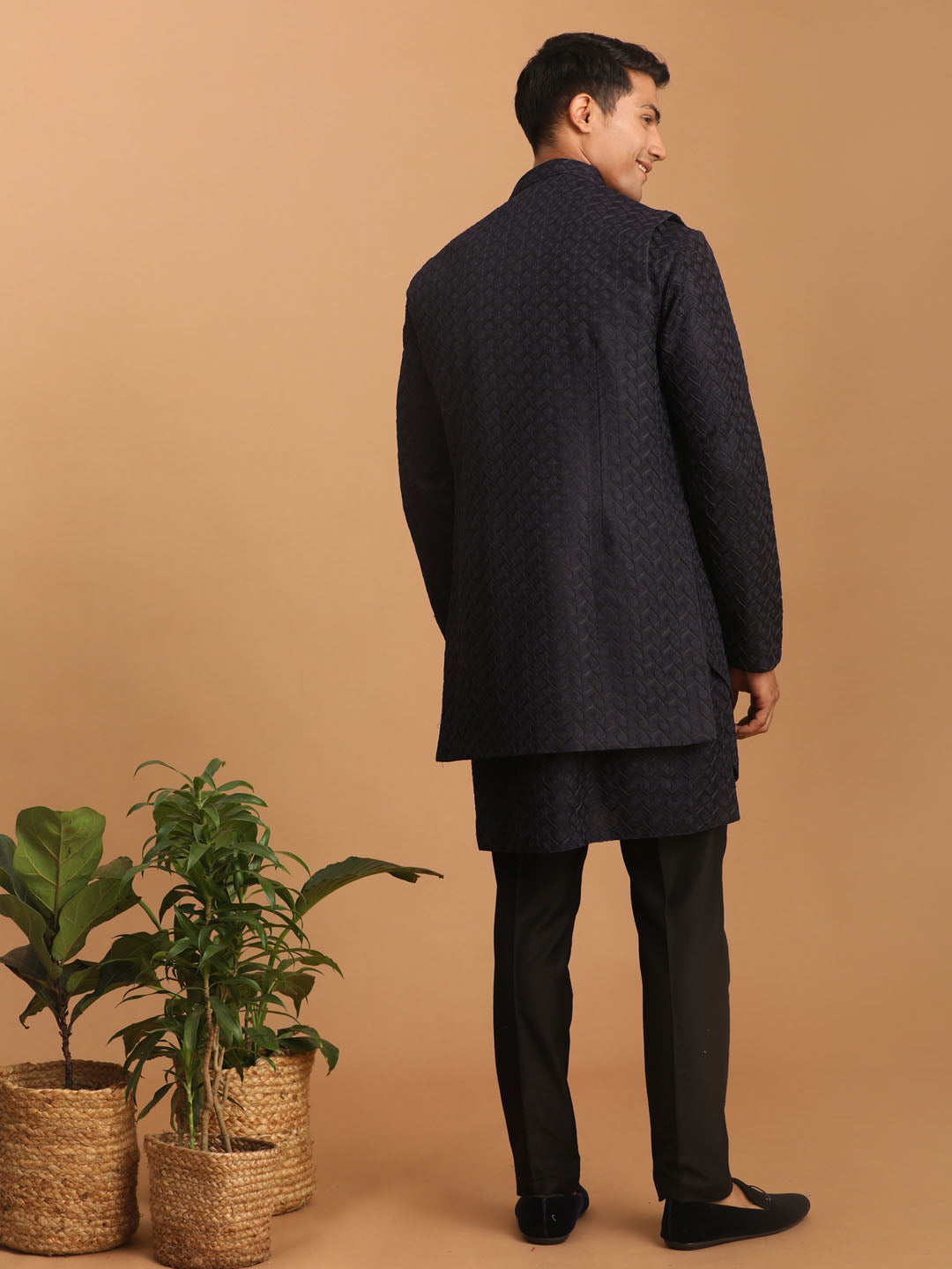 Men's Navy Blue Silk Blend Regular Jacket Kurta and Pyjama Set