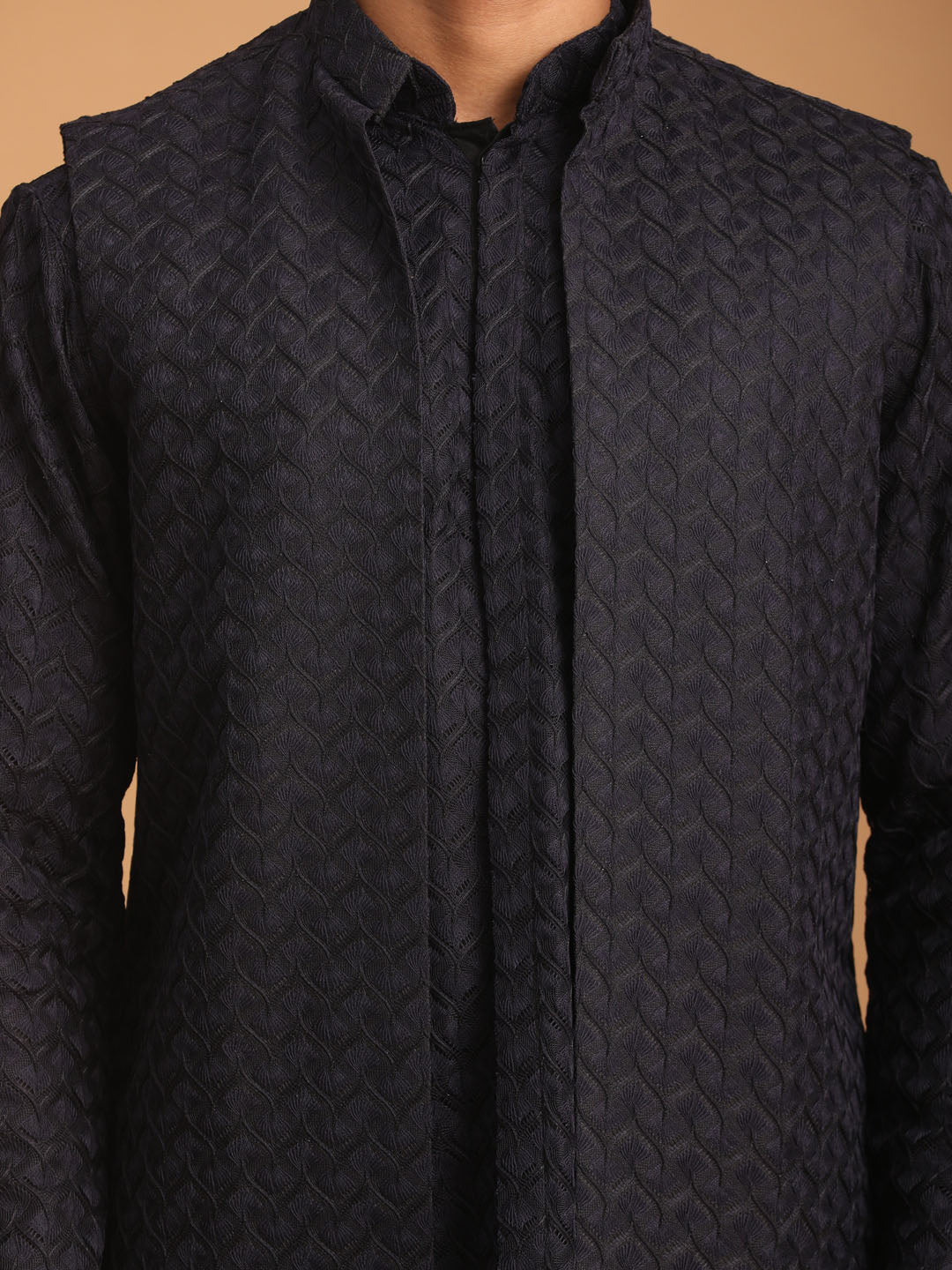 Men's Navy Blue Silk Blend Regular Jacket Kurta and Pyjama Set