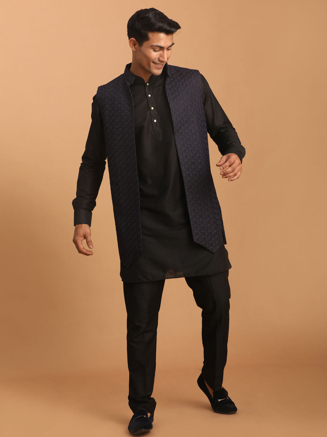 Men's Black Viscose Regular Jacket Kurta and Pyjama Set