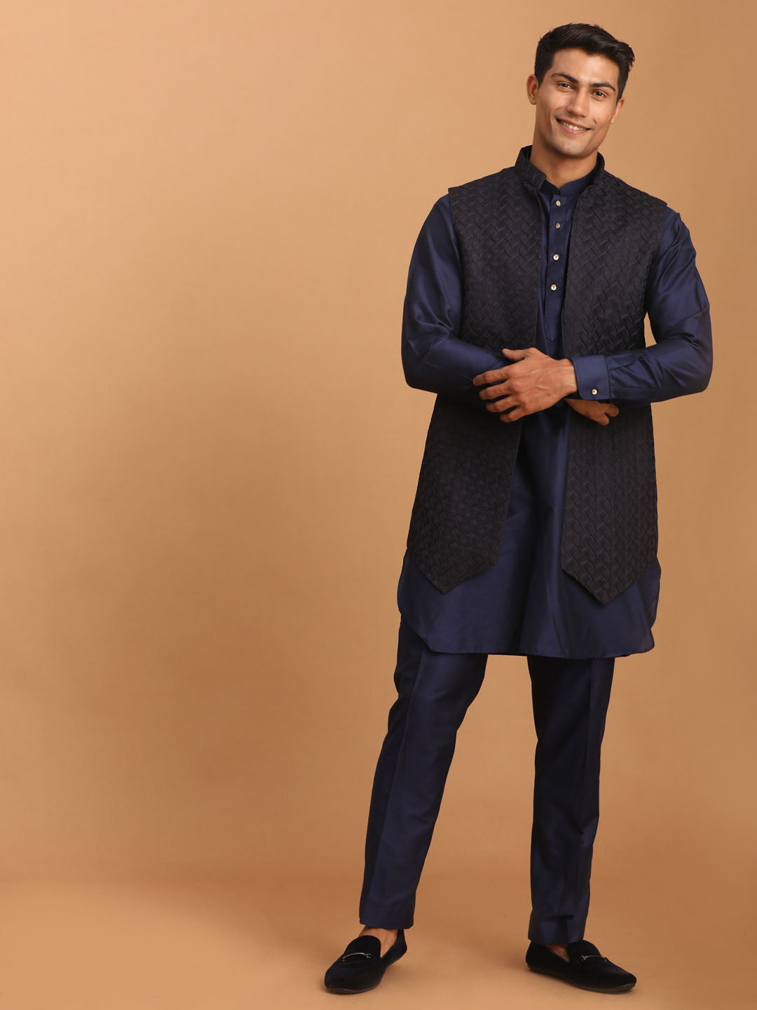 Men's Navy Blue Viscose Regular Jacket Kurta and Pyjama Set