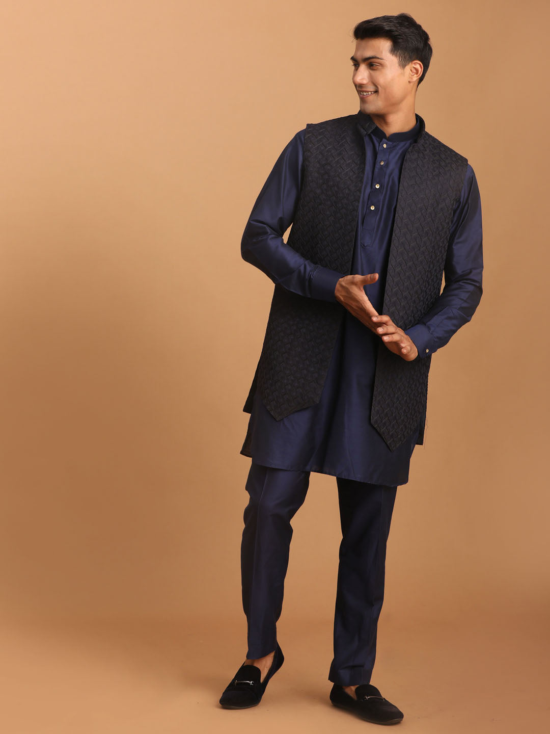 Men's Navy Blue Viscose Regular Jacket Kurta and Pyjama Set