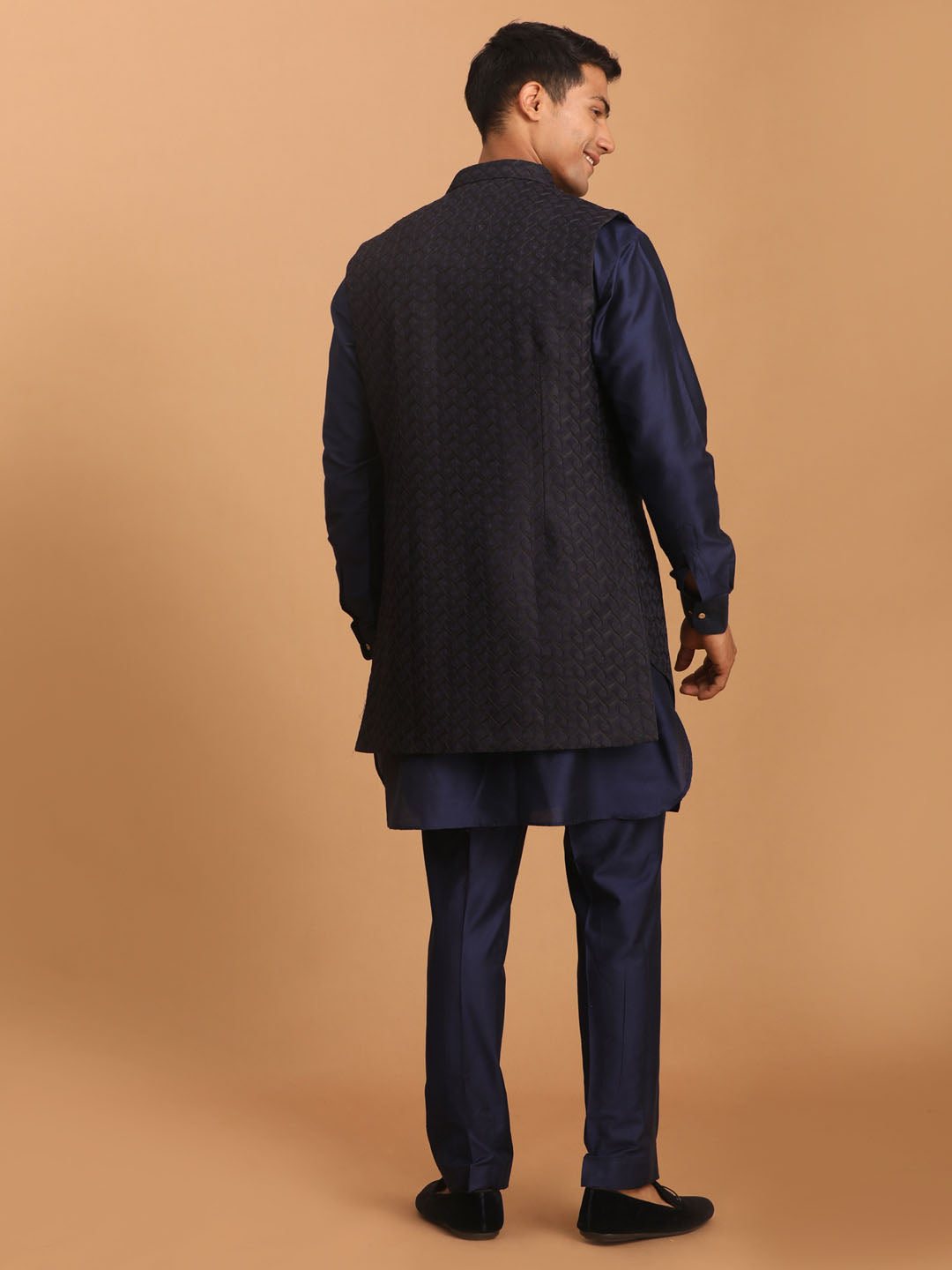 Men's Navy Blue Viscose Regular Jacket Kurta and Pyjama Set