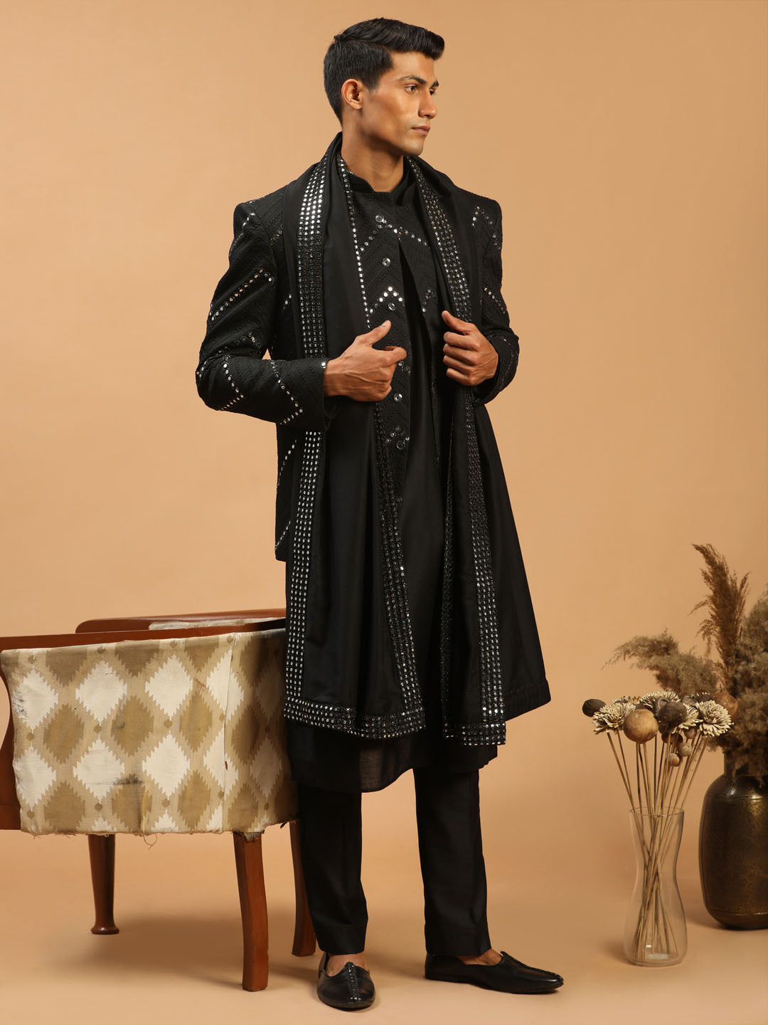 Men's Black Viscose Straight Jacket Kurta and Pyjama Set
