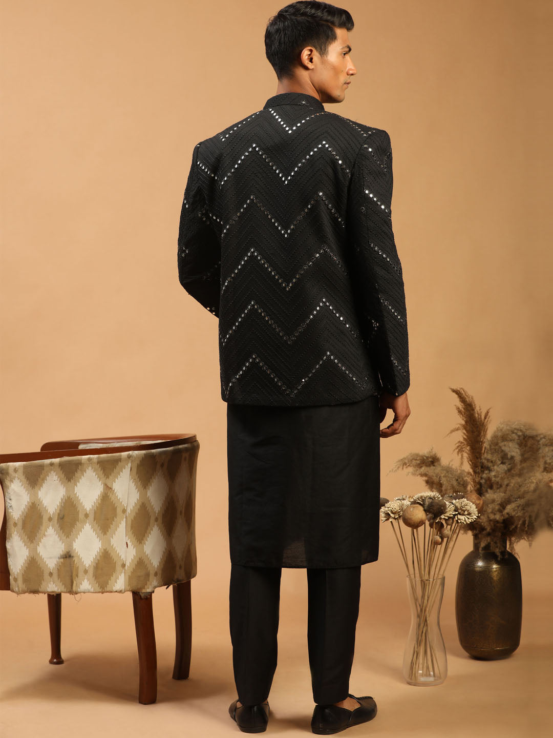 Men's Black Viscose Straight Jacket Kurta and Pyjama Set