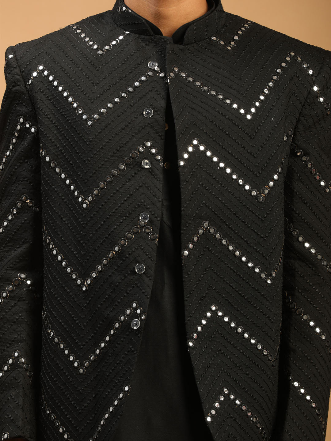 Men's Black Viscose Straight Jacket Kurta and Pyjama Set