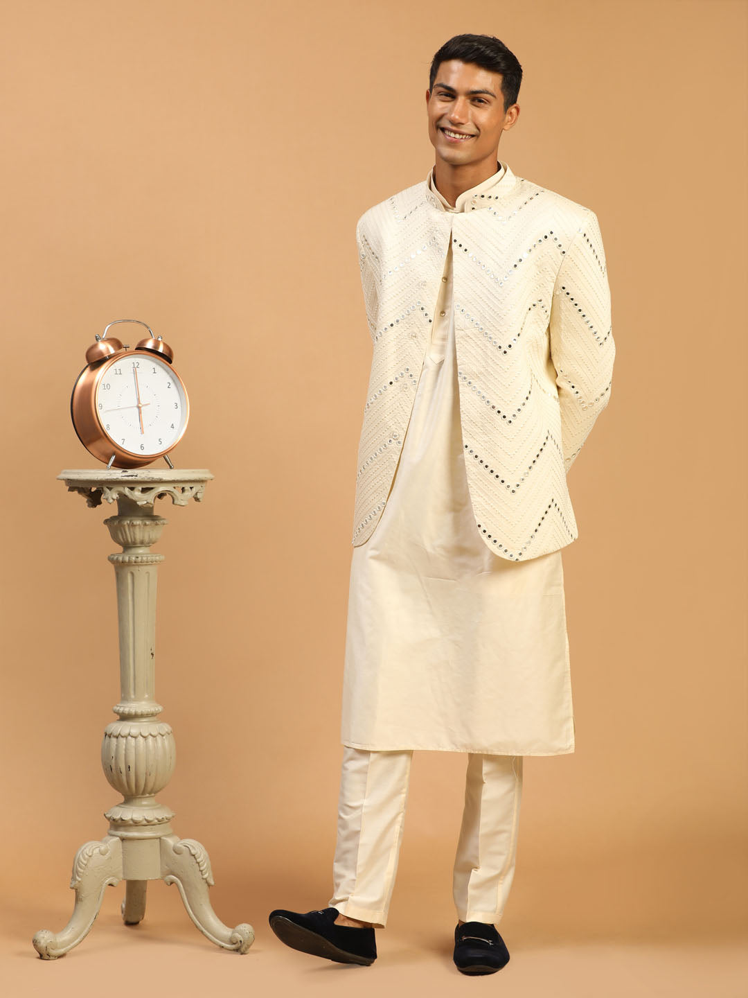 Men's Cream Viscose Straight Jacket Kurta and Pyjama Set