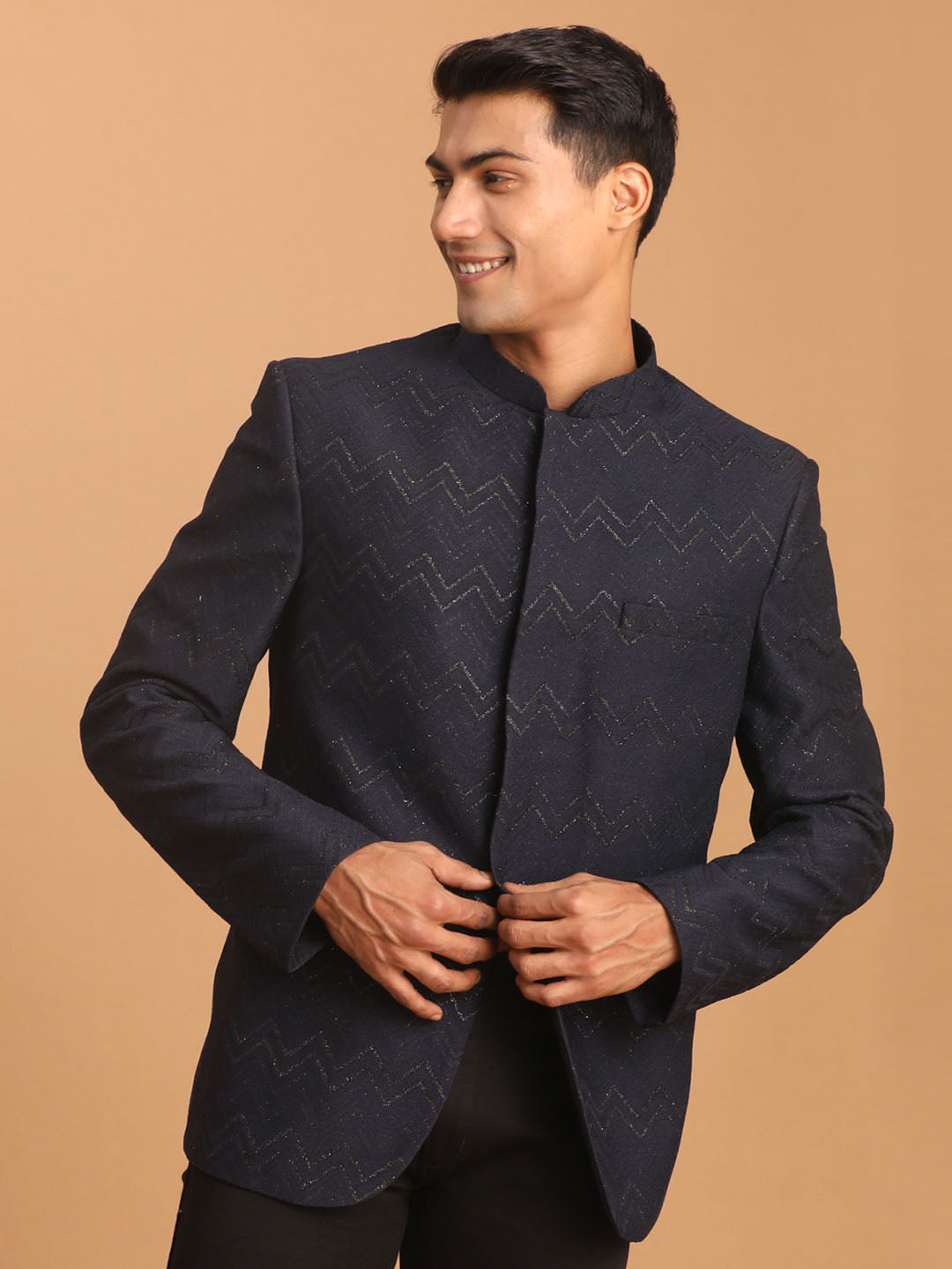 Men's Navy Blue Silk Blend Straight Jodhpuri